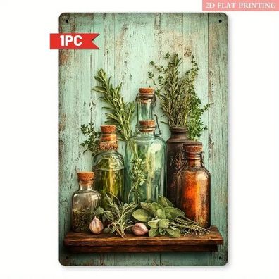 Blechschild Glasflaschen mit Kräuter Küchendeko Vintage Metallschild TE2688