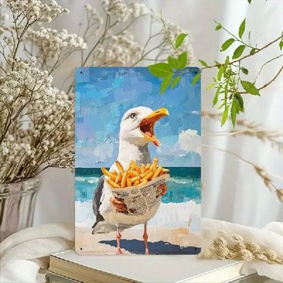 Blechschild Möwe mit Pommes Meer Ostsee Nordsee Vintage Stil Metallschild TE2815