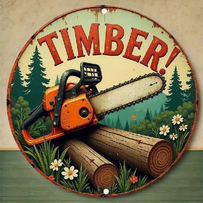 Blechschild rund Timber Holz Kettensäge Vintage Metallschild TEL3358