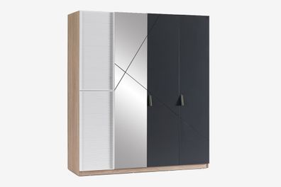 Kleiderschrank New City 4-Türig in Holzoptik/Weiß/Schwarz