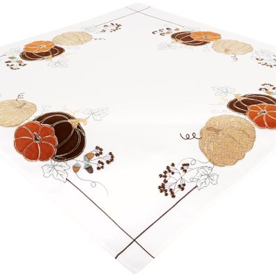 Tischdecke Halloween Kürbis 85x85 Bestickt Mitteldecke Tischwäsche Herbst Weiß