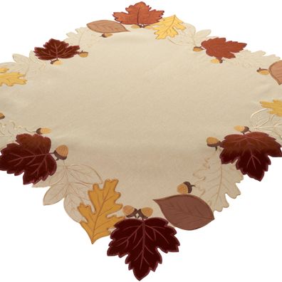 Tischdecke Herbst Beige 85x85 Bestickt Mitteldecke Blätter Tischwäsche Klassisch