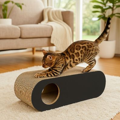 QLS Kratzmöbel 3in1 für Katzen Wellpappe 75×27×29 cm Schwarz Kratzbrett Höhle 11364