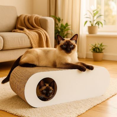 QLS Kratzmöbel 3in1 für Katzen Wellpappe 75×27×29 cm Weiß Kratzbrett Höhle 11365