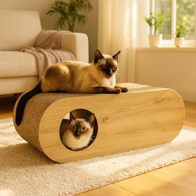 QLS Kratzmöbel 3in1 für Katzen Wellpappe 75×27×29 cm Eiche Kratzbrett Höhle 11368