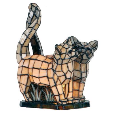 Clayre & Eef Tiffany Tischlampe Katzen 27x18x35 cm Beige Grau Glas