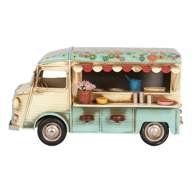 Clayre & Eef Dekorationsfigur Bus 26x14x14 cm Beige Blau Metall (Gr. 26x14x14 cm)