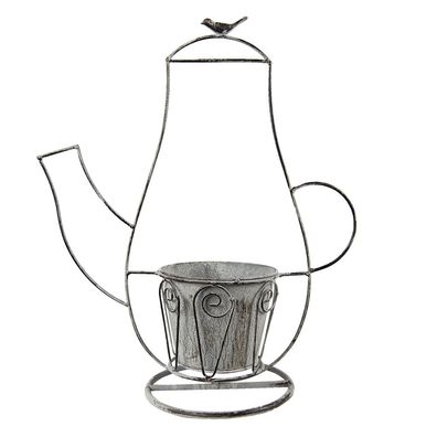 Clayre & Eef Pflanzenhalter Kaffeekanne 43x20x49 cm Grau Eisen Vogel