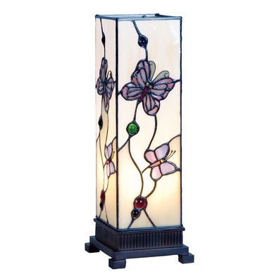 Clayre & Eef Tiffany Tischlampe 12x12x35 cm Weiß Rosa Glas Schmetterling