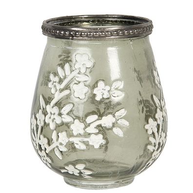 Clayre & Eef Teelichthalter Ø 9x11 cm Grün Weiß Glas Blumen (Gr. Ø 9x11 cm)