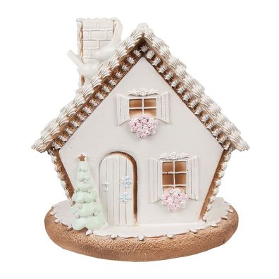 Clayre & Eef Lebkuchenhaus mit LED 17 cm Weiß Polyresin (Gr. 17x16x17 cm / 3xAAA)