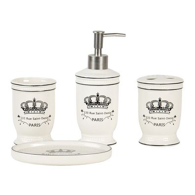 Clayre & Eef Badezimmer-Set 4er Set Beige Schwarz Keramik Krone