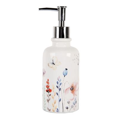 Clayre & Eef Seifenspender 350 ml Weiß Keramik Blumen (Gr. Ø 9x20 cm / 350 ml)