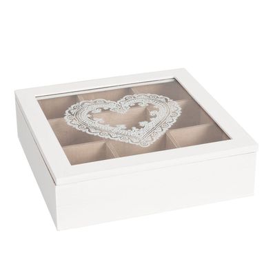 Clayre & Eef Teedose 9 Fächer 24x24x7 cm Weiß Holz Herz (Gr. 24x24x7 cm)