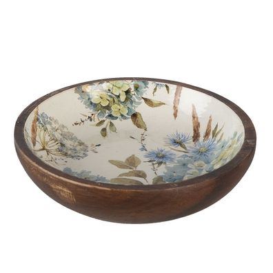 Clayre & Eef Servierplatte Ø 24x4 cm Weiß Blau Holz Blumen (Gr. Ø 24x4 cm)