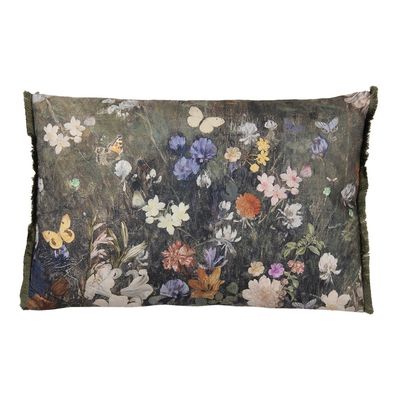 Clayre & Eef Dekokissen 60x40 cm Grün Weiß Polyester Blumen (Gr. 60x40x4 cm)