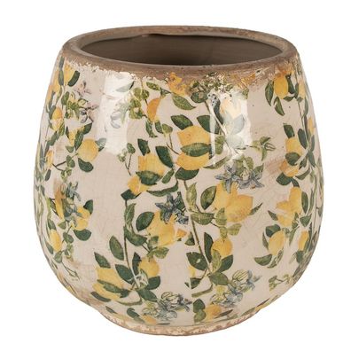 Clayre & Eef Blumentopf Ø 18x17 cm Beige Gelb Keramik Zitronen (Gr. Ø 18x17 cm)