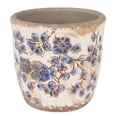 Clayre & Eef Blumentopf Ø 11x10 cm Beige Blau Keramik Blumen (Gr. Ø 11x10 cm)