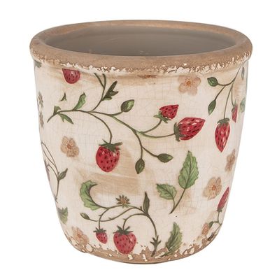 Clayre & Eef Blumentopf Ø 14x13 cm Beige Rot Keramik Erdbeeren (Gr. Ø 14x13 cm)