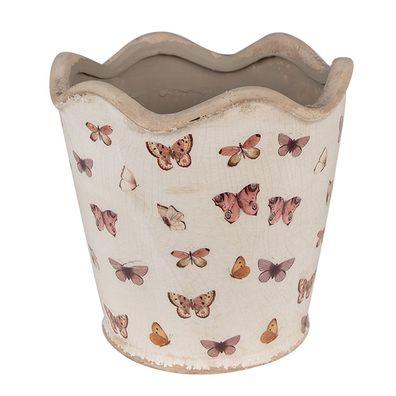 Clayre & Eef Blumentopf Ø 19x18 cm Beige Rosa Keramik Schmetterlinge (Gr. Ø 19x18 cm)