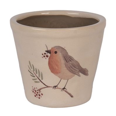 Clayre & Eef Blumentopf Ø 12x11 cm Beige Keramik Vogel (Gr. Ø 12x11 cm)