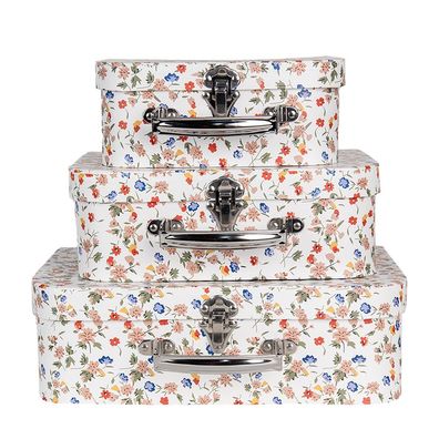 Clayre & Eef Dekoration Koffer 3er Set 30x22x9/25x20x9/20x17x8 cm Weiß Karton Blume