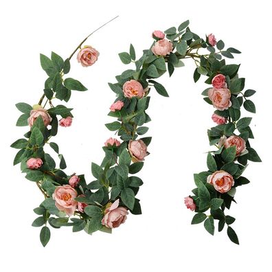 Clayre & Eef Kunstblume Girlande 150 cm Rosa Grün Kunststoff Rosen (Gr. 10x10x150 cm)