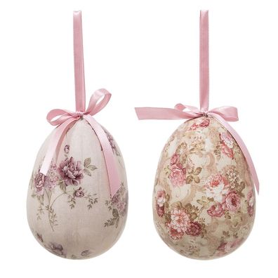 Clayre & Eef Ostern Anhänger Satz von 2 Ei Ø 9x12 cm Mehrfarbig Kunststoff Blumen