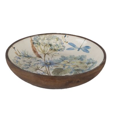 Clayre & Eef Servierplatte Ø 20x4 cm Weiß Blau Holz Blumen (Gr. Ø 20x4 cm)