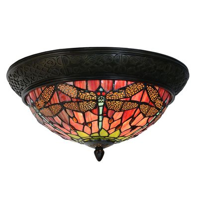 Clayre & Eef Deckenlampe Tiffany Ø 38x19 cm Rot Grün Glas Libelle