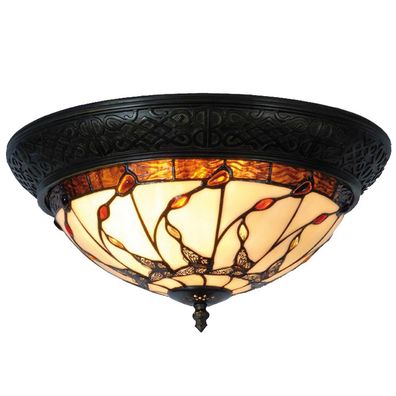 Clayre & Eef Deckenlampe Tiffany Ø 38x19 cm Beige Braun Glas Schmetterling