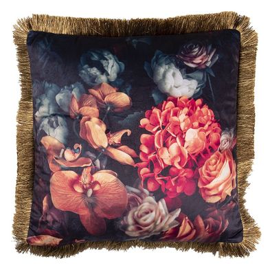 Clayre & Eef Dekokissen 45x45 cm Schwarz Rot Synthetisch Blumen (Gr. 45x45x4 cm)