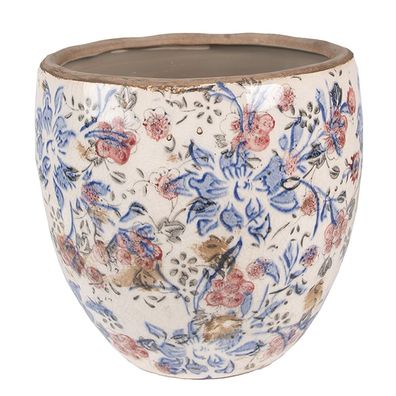 Clayre & Eef Blumentopf Ø 13x11 cm Blau Beige Keramik Blumen (Gr. Ø 13x11 cm)