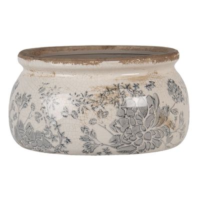 Clayre & Eef Blumentopf Ø 16x8 cm Grau Beige Keramik Blumen (Gr. Ø 16x8 cm)