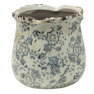 Clayre & Eef Blumentopf Ø 15x14 cm Grau Beige Keramik Blumen (Gr. Ø 15x14 cm)