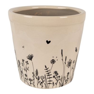 Clayre & Eef Blumentopf Ø 21x20 cm Beige Schwarz Keramik Blumen (Gr. Ø 21x20 cm)