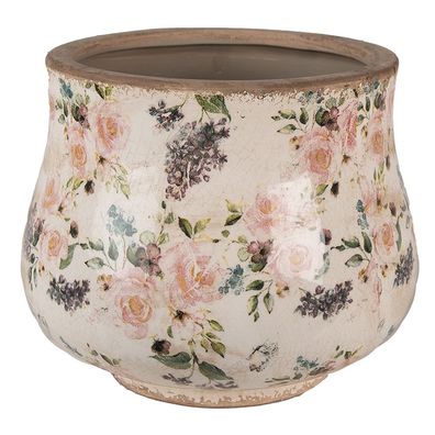 Clayre & Eef Blumentopf Ø 22x18 cm Beige Rosa Keramik Blumen (Gr. Ø 22x18 cm)