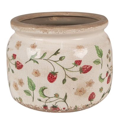 Clayre & Eef Blumentopf Ø 20x15 cm Beige Rot Keramik Erdbeeren (Gr. Ø 20x15 cm)