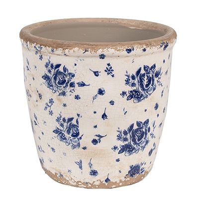 Clayre & Eef Innenblumentopf Ø 15x14 cm Beige Blau Keramik Rosen (Gr. Ø 15x14 cm)