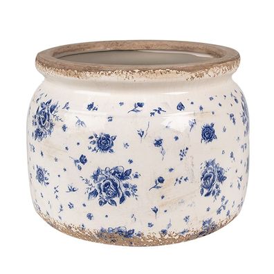 Clayre & Eef Blumentopf Ø 20x15 cm Beige Blau Keramik Rosen (Gr. Ø 20x15 cm)