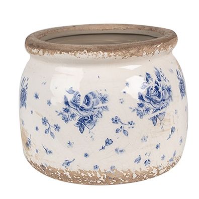Clayre & Eef Blumentopf Ø 12x10 cm Beige Blau Keramik Rosen (Gr. Ø 12x10 cm)