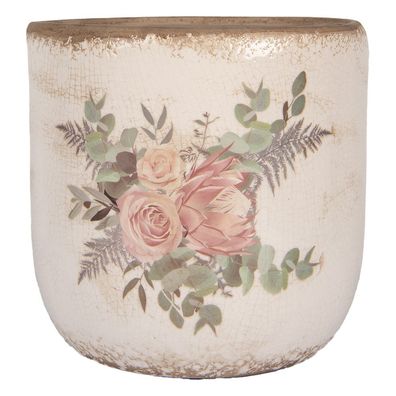 Clayre & Eef Blumentopf Ø 18x17 cm Beige Keramik Blumen (Gr. Ø 18x17 cm)