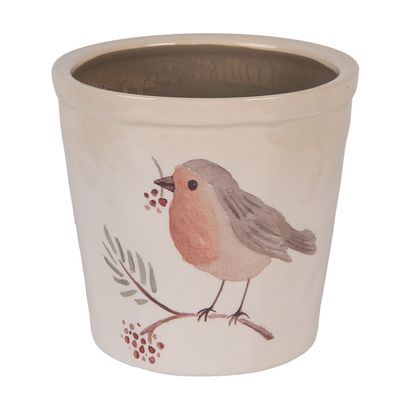 Clayre & Eef Blumentopf Ø 17x16 cm Beige Keramik Vogel (Gr. Ø 17x16 cm)