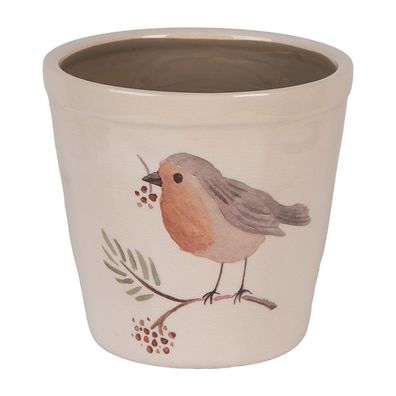 Clayre & Eef Blumentopf Ø 15x14 cm Beige Keramik Vogel (Gr. Ø 15x14 cm)