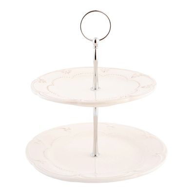 Clayre & Eef 2-Schicht-Etagere 23 cm Beige Keramik Rosen (Gr. Ø 21x23 cm)
