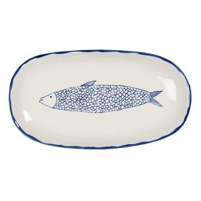Clayre & Eef Servierplatte 30x16x3 cm Beige Blau Keramik Fisch (Gr. 30x16x3 cm)