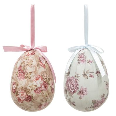 Clayre & Eef Ostern Anhänger Satz von 2 Ei Ø 9x12 cm Mehrfarbig Kunststoff Blumen