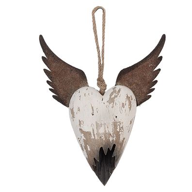 Clayre & Eef Deko-Anhänger Herz 17x3x20 cm Weiß Braun Holz (Gr. 17x3x20 cm)
