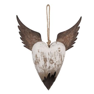 Clayre & Eef Deko-Anhänger Herz 25x4x30 cm Weiß Braun Holz (Gr. 25x4x30 cm)