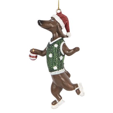 Clayre & Eef Weihnachtsanhänger Hund Dackel 6x3x10 cm Braun Grün Kunststoff